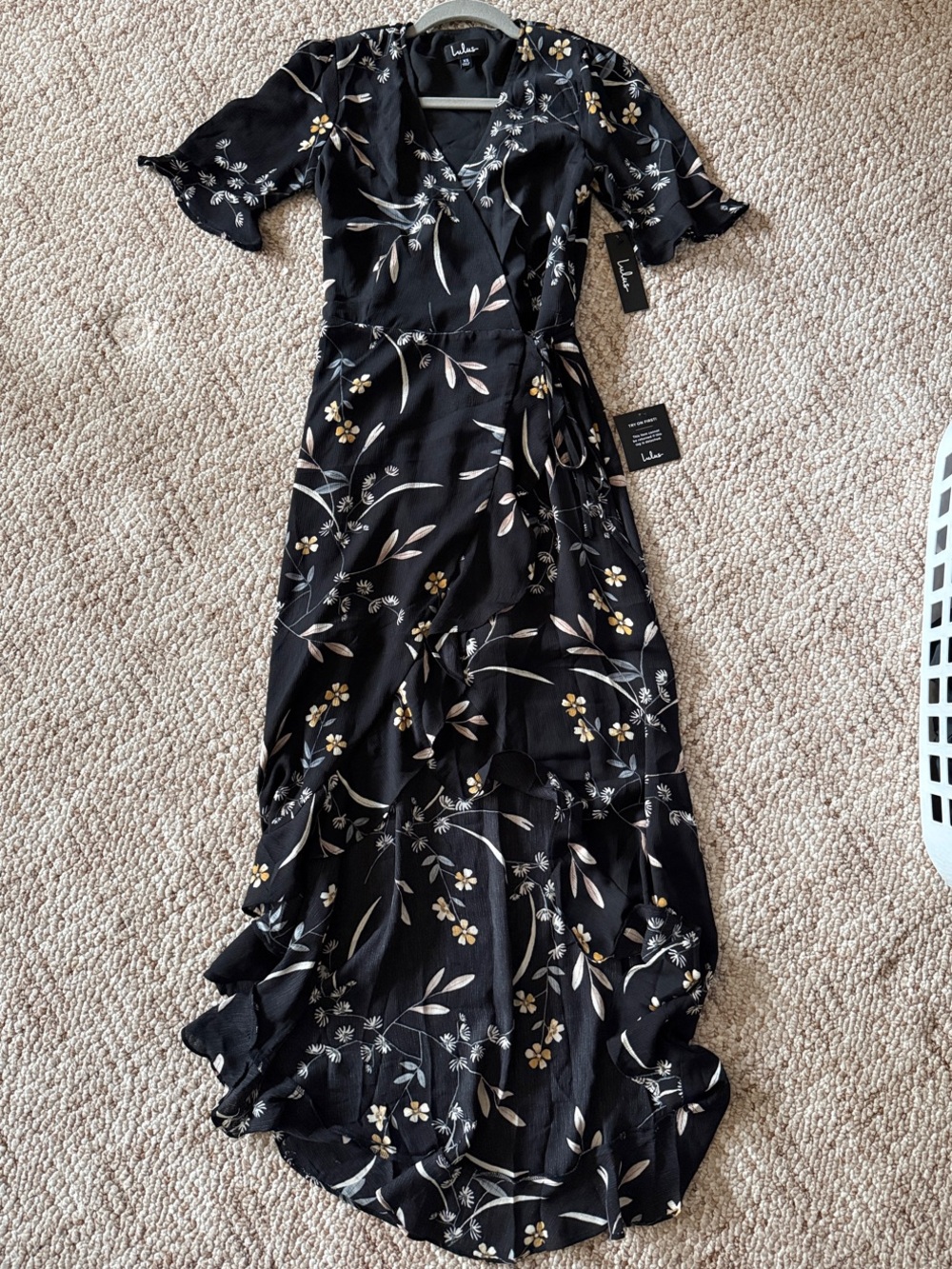 Lulus Wild Winds Black Floral Print High-Low Wrap Dress XS NWT